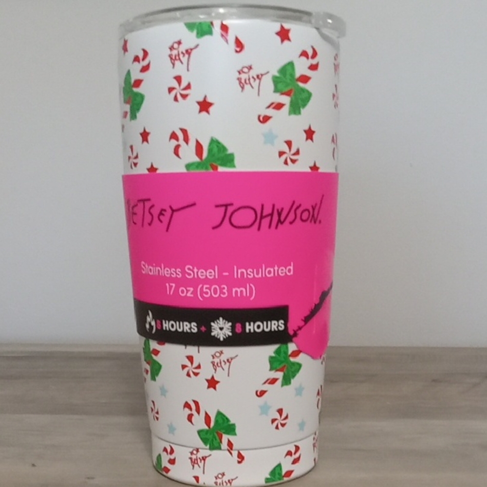 Betsey Johnson Christmas Candy Cane Tumbler with Green Bows
